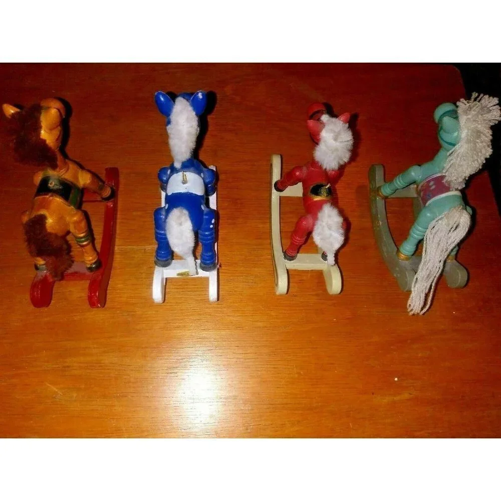 Vintage Wooden Rocking Horses Handcrafted Miniature w/ Yarn Mane Set of 4 RARE
